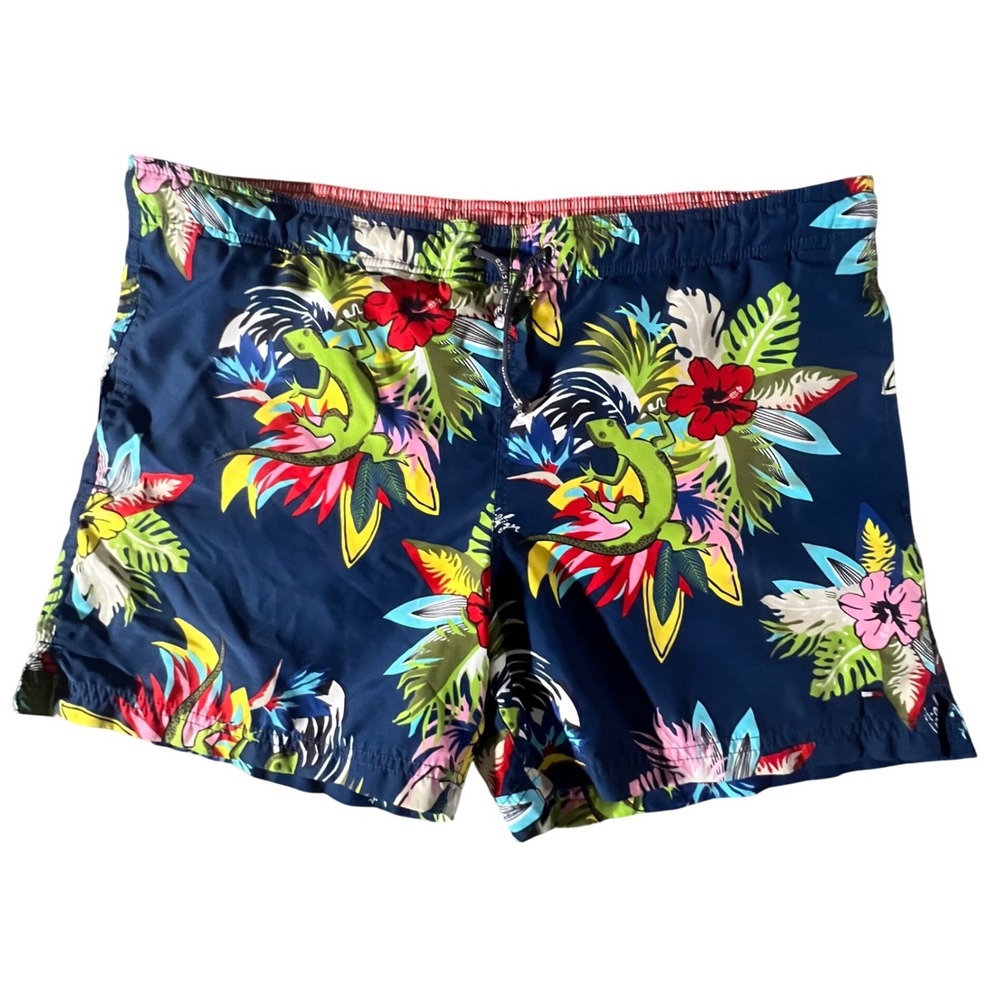 Tommy Hilfiger Swim Trunks Mens M Navy Blue Tropical Lizard Floral Mesh Lined